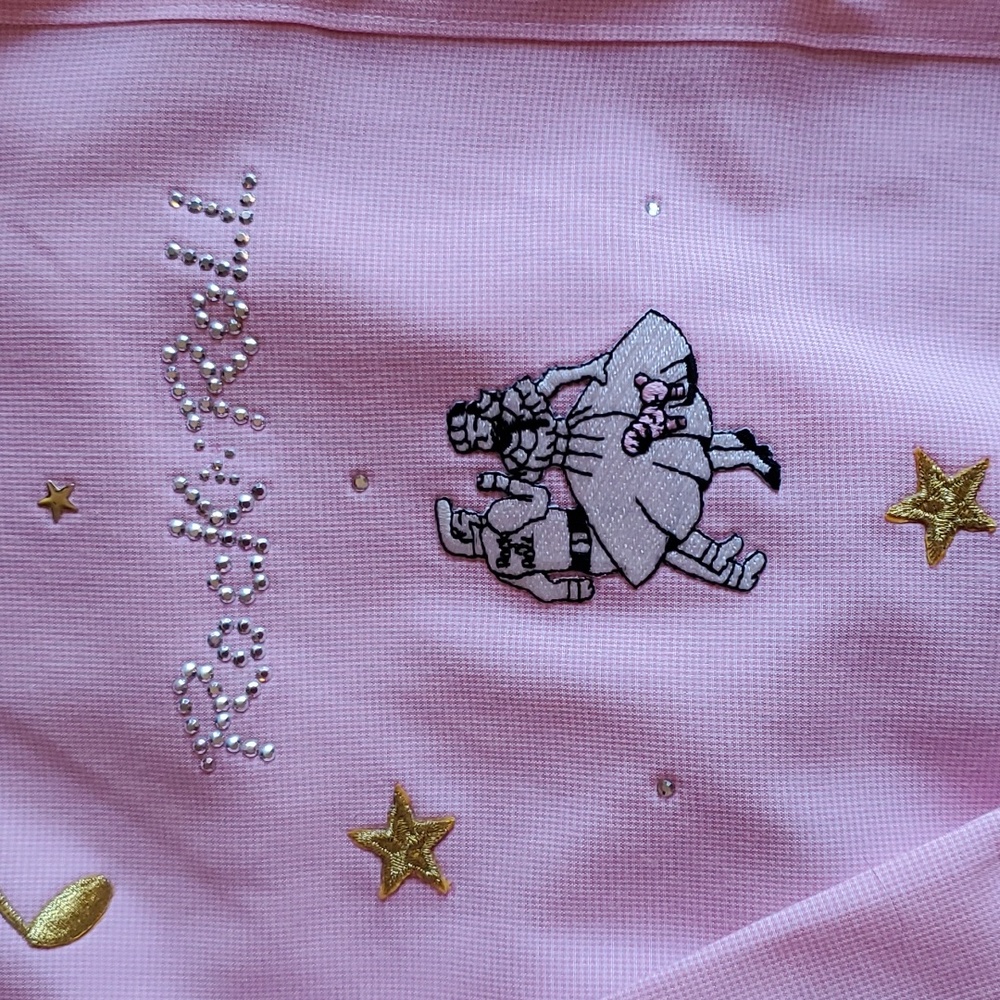 Rock & Roll Theme Pink Shirt/Tunic with lots of Bling in EUC Size XL Womens